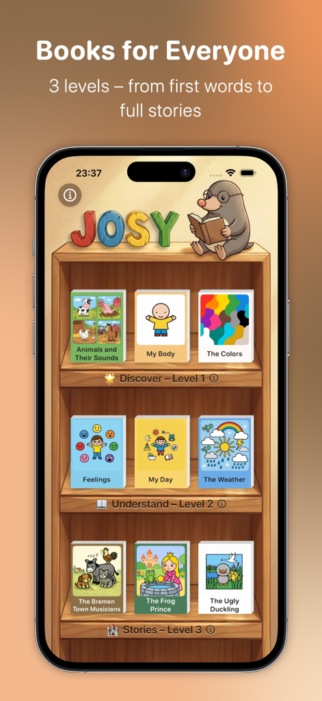 JOSY - Books for Every Child - Interfaz de aplicación móvil que muestra una estantería virtual de madera con tres niveles de lectura distintos para niños.