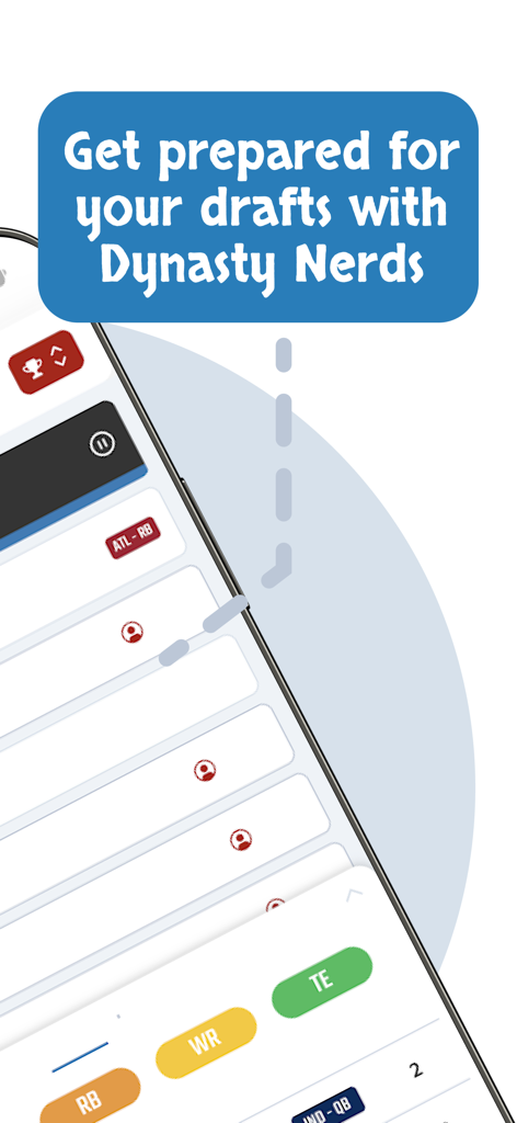 Schermata dell'app Dynasty Nerds che mostra gli strumenti di preparazione al draft e le classifiche dei giocatori per il football fantasy
