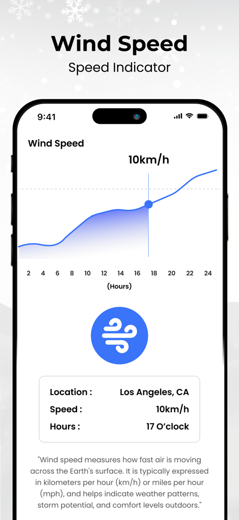 A mobile interface from the Thermometer app showing a wind speed graph and current velocity data for Los Angeles.