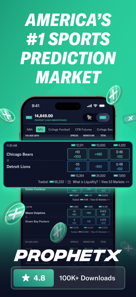 ProphetX Prediction Market - ProphetX sports prediction market mobile app showing NFL game odds and trading interface