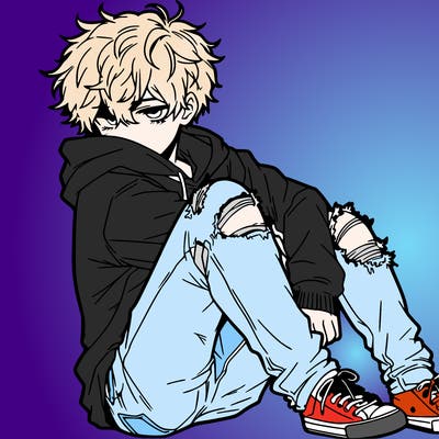 a male hoddie ripped jeans messy hair anime