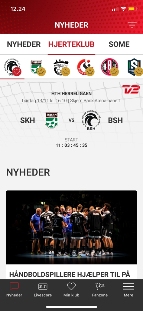 Tophåndbold - A screenshot of the Tophandbold app news feed featuring Danish handball match schedules and team news