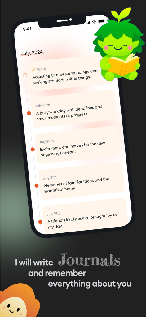 Livia: Emotional Best Friends - A mobile phone screen showing the Livia app journal feature with daily emotional reflections and a cute green AI character reading a book.