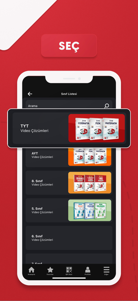 3D Mobil - 3D Mobil app interface displaying a list of exam categories and grade levels for video solutions