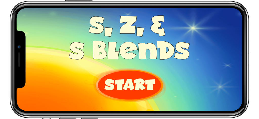 Pantalla de inicio de la aplicación de terapia del habla S, Z y Mezclas S con un colorido fondo espacial y un botón de inicio.