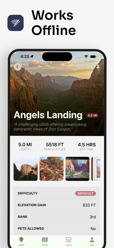 Parkwolfアプリのザイオン国立公園のエンジェルスランディングのオフライントレイル詳細（標高や難易度を含む）を示すスクリーンショット