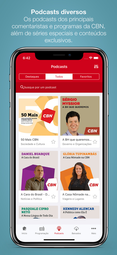 Rádio CBN - Radio CBN mobile app screen showing a selection of various podcasts and commentators