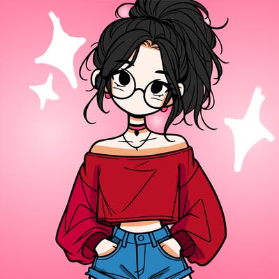 girl with a messy ponytail glasses a baggy crop top and jean shorts