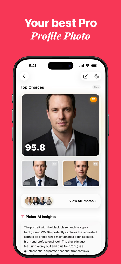 Picker AI - Best Photo Picker - La interfaz de la aplicación Picker AI que muestra fotos de perfil profesionales clasificadas con puntuaciones de calidad y análisis.