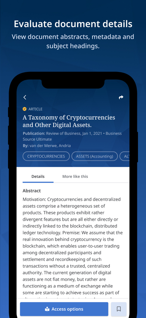 EBSCO Mobile - EBSCO Mobile app showing academic article details and abstract.