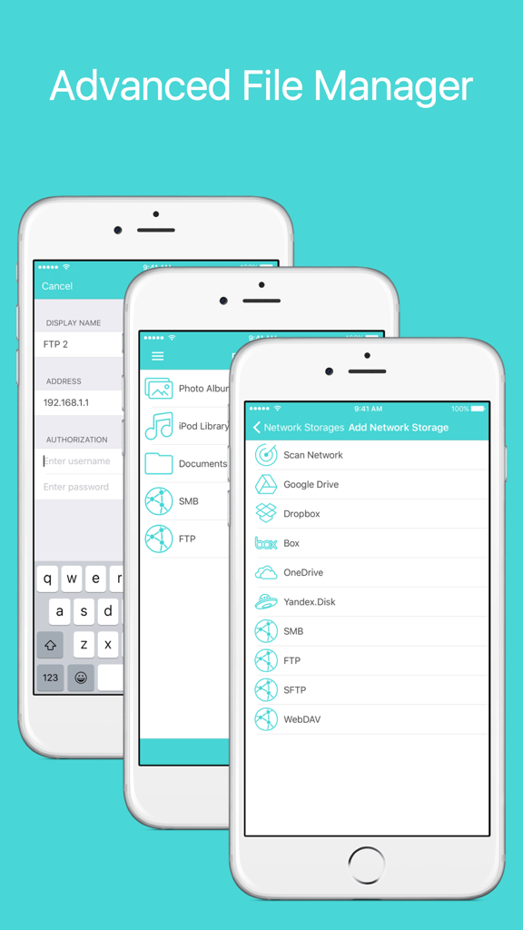 Advanced file manager interface in Equalizer Pro music player showing cloud and network storage options