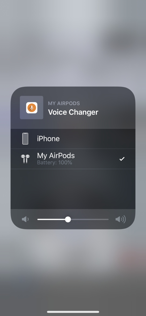 Live Voice Changer - Prankcall - A screenshot of the iOS audio output menu showing the Live Voice Changer app connected to AirPods
