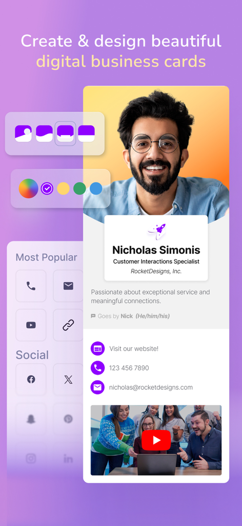 Interface de l'application HiHello montrant une carte de visite numérique personnalisable pour un professionnel avec des options de conception et des liens de contact.