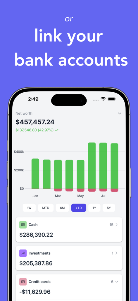 Skwad: Privacy-First Budgeting - Dashboard view of the Skwad app showing a net worth bar chart and financial account summaries for cash and investments.