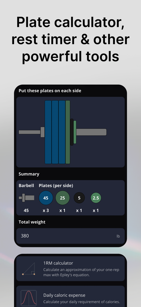 StrengthLog – Workout Tracker - Interfaccia del calcolatore di dischi dell'app StrengthLog che mostra la distribuzione del peso del bilanciere per 380 libbre.