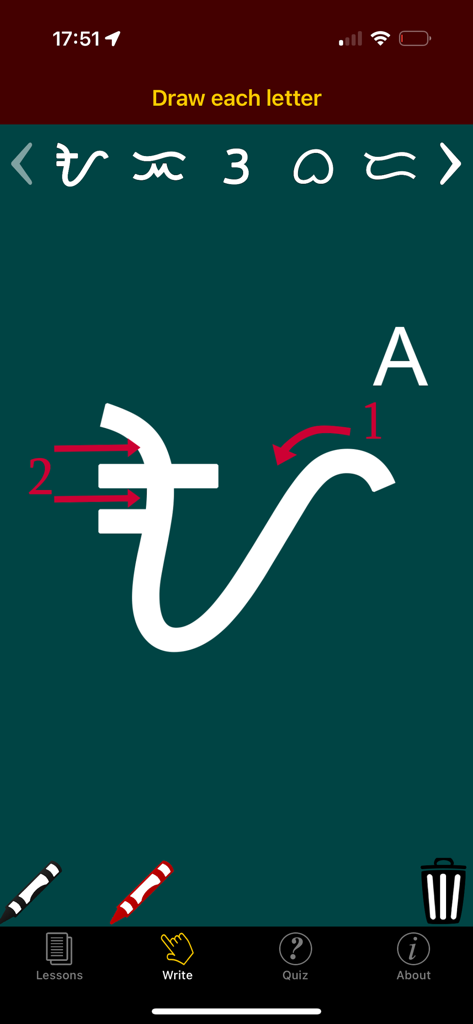 Interactive screen for drawing the Baybayin letter A with stroke order guides