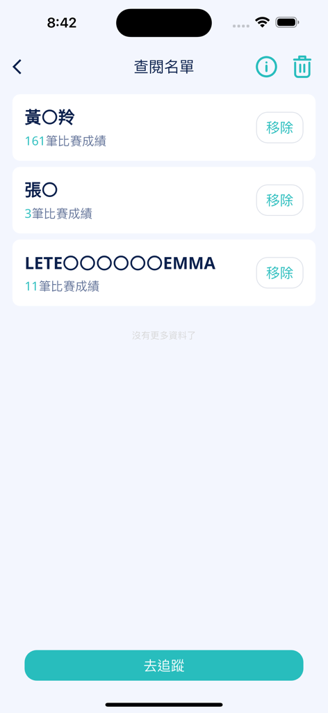 台灣游泳 - A list of followed swimmers in the Taiwan Swimming app showing athlete names and their total competition records