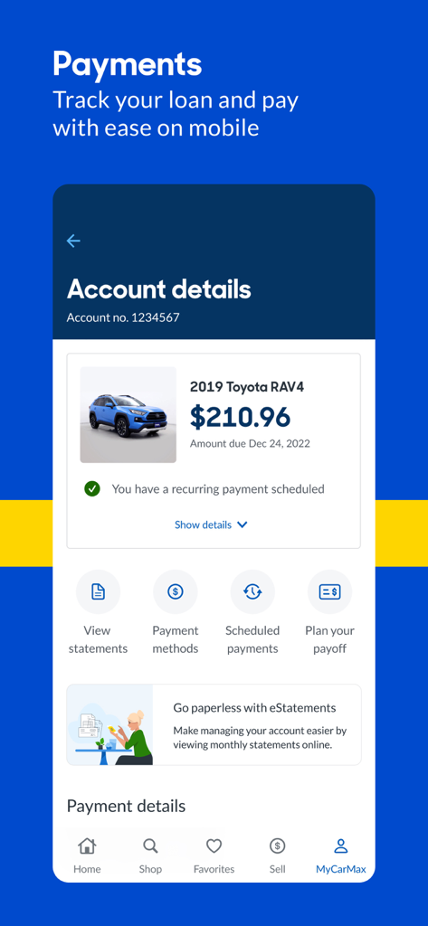 CarMax: Used Cars for Sale - CarMax app interface displaying vehicle loan account details and scheduled payments