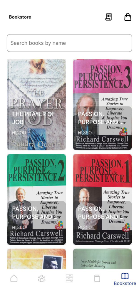 ECWA INTL. - Bookstore screen of the ECWA INTL. app featuring various Christian books and a search bar.