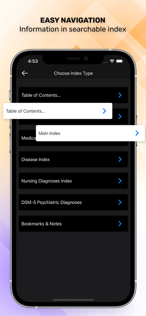 Washington Manual of Oncology - Washington Manual of Oncology app screen displaying searchable index options for easy navigation including table of contents and disease index