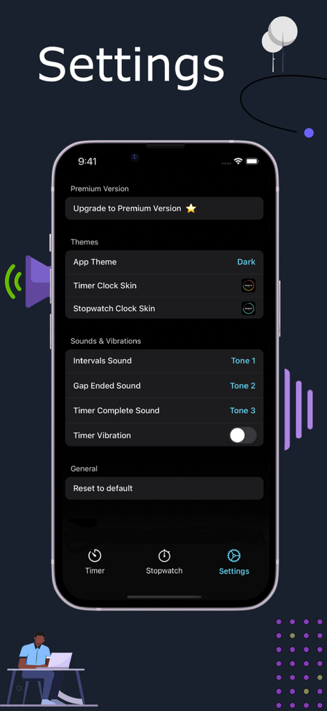 Timer Stopwatch App - Settings screen of the Timer Stopwatch App showing customization options for themes and sounds