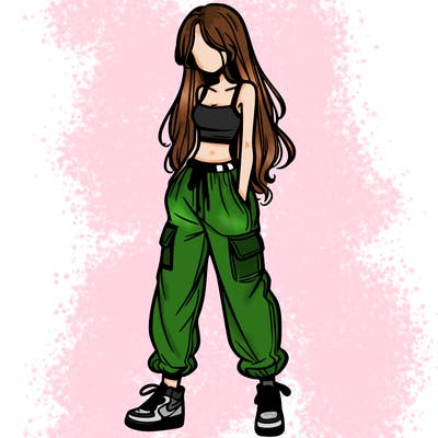 girl in baggy pants crop top and long hair