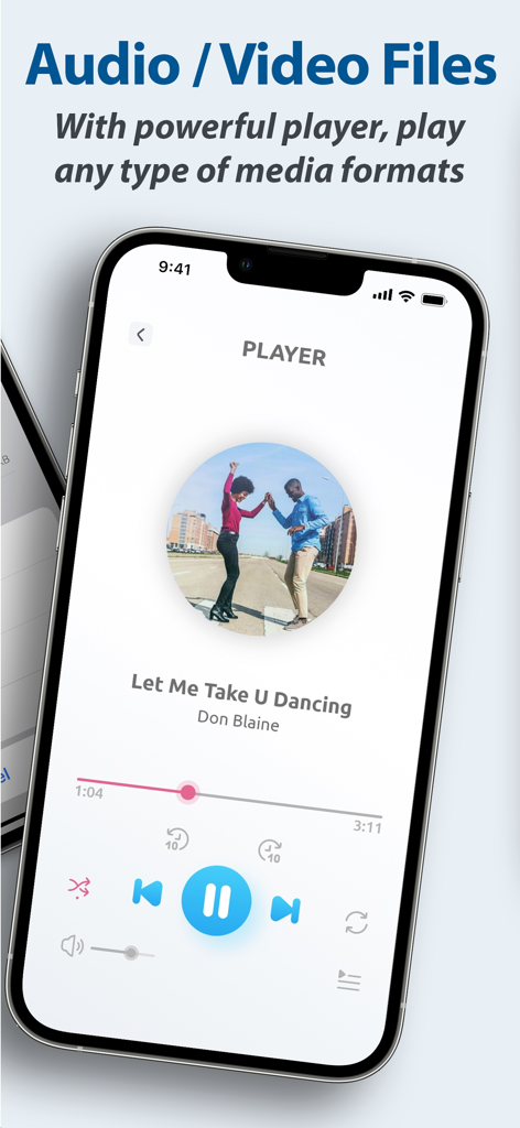 Air Share Wifi File Transfer - Una pantalla de smartphone mostrando el reproductor multimedia integrado en la aplicación Air Share reproduciendo una canción