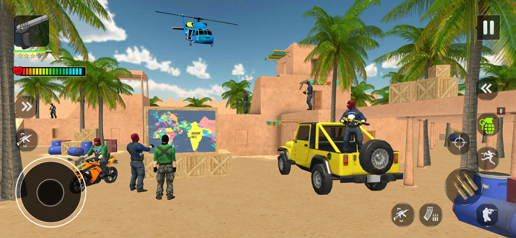Comandos en una base militar desértica con un jeep amarillo y un helicóptero en FPS Shooting Commando Strike.