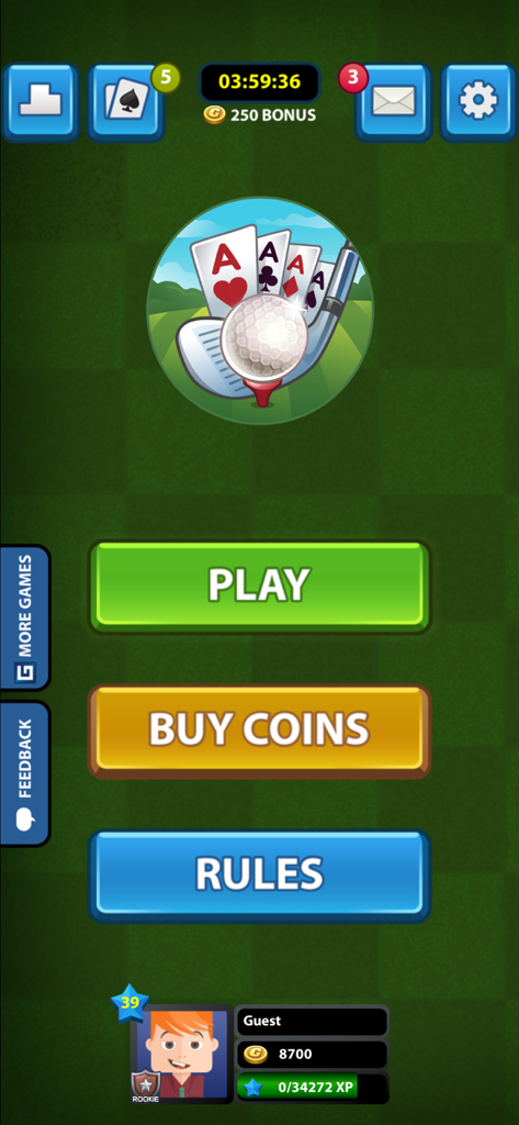 Golf Card Game Classic - Main menu screen of the Golf Card Game Classic app with Play and Rules buttons
