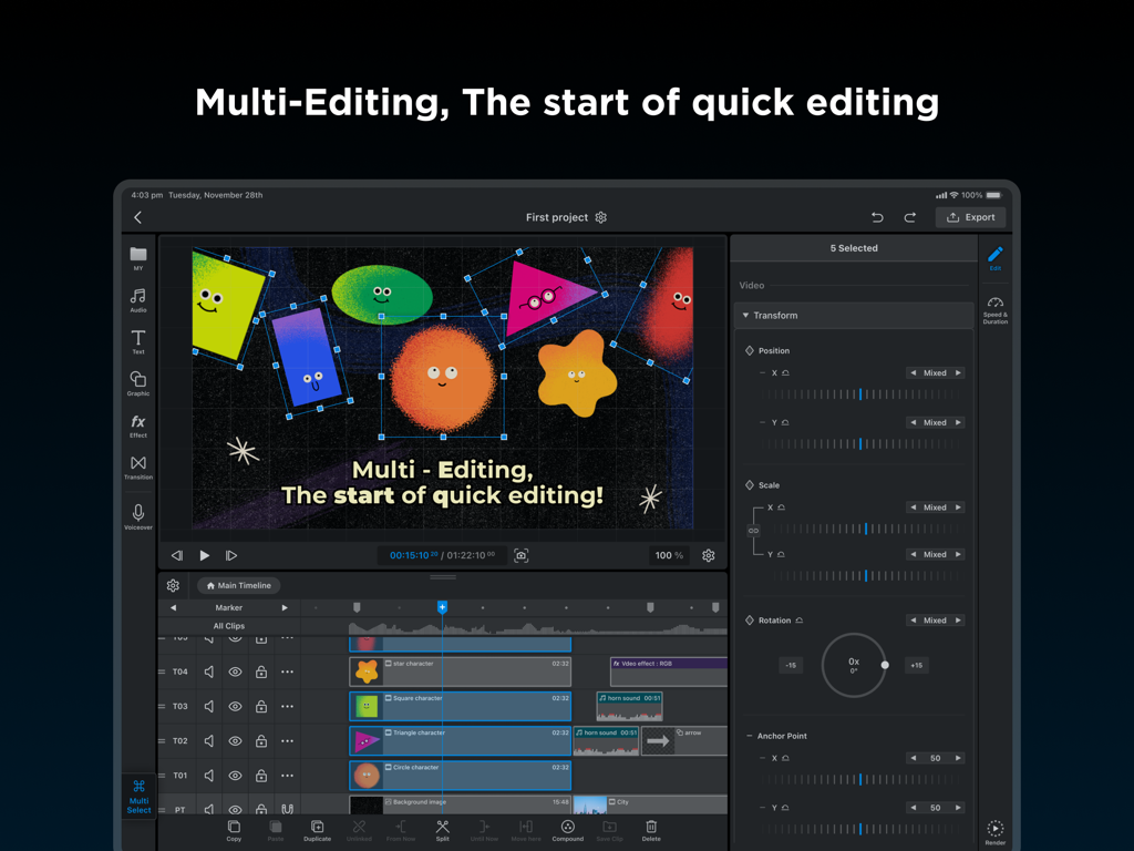 WEILO - My Last Video Editor - A screenshot of the WEILO video editor on iPad showing the multi-editing feature with multiple animated clips selected for simultaneous transformation.