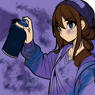 realistic girl spray painting the wall