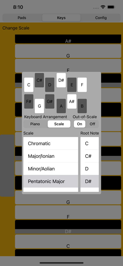 Sidecar MIDI Controller - Sidecar MIDI Controllerアプリのスケール設定メニュー。ルートノートと音楽スケールの選択を表示。