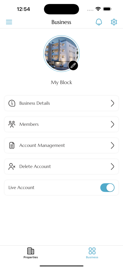 Easy Owner 앱 비즈니스 설정 페이지. 부동산 세부 정보 및 구성원 관리에 사용됩니다.