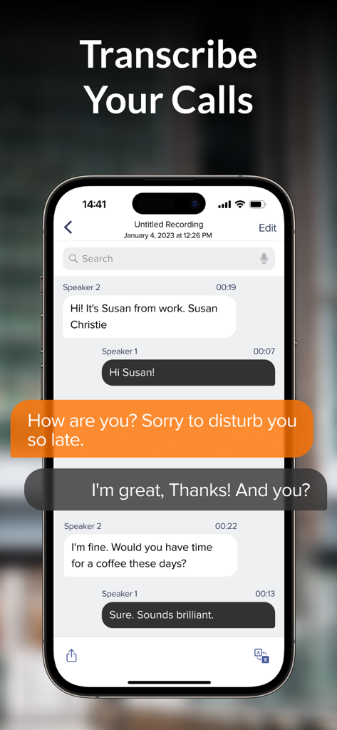 iPhone screen displaying a call transcription in a chat-like interface between two speakers