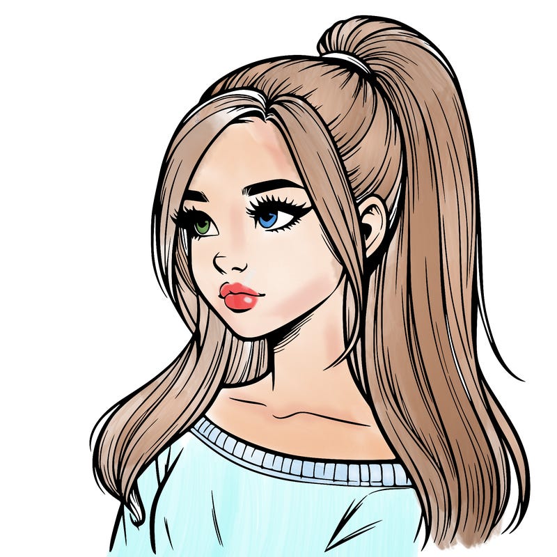 realistic girl with a high ponytail