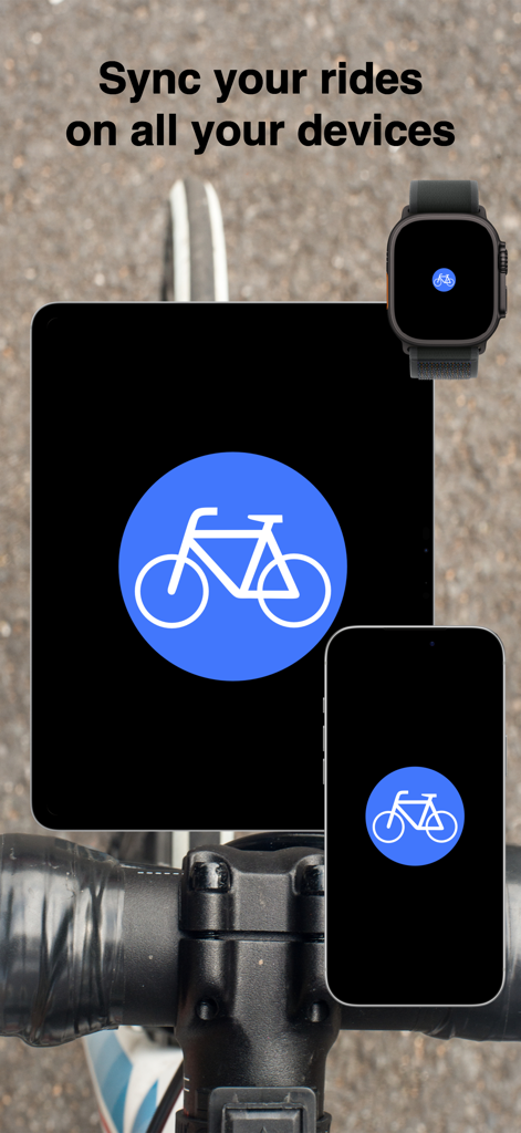 CycleMaps - CycleMaps app logo displayed on an iPad, iPhone, and Apple Watch showing seamless device synchronization for cyclists.