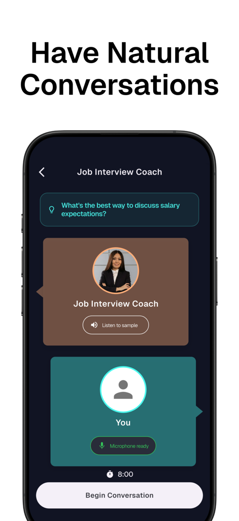 Sesame AI: Chat with Character - ジョブインタビューコーチとの音声チャットセッションを示すSesame AIアプリのインターフェース。