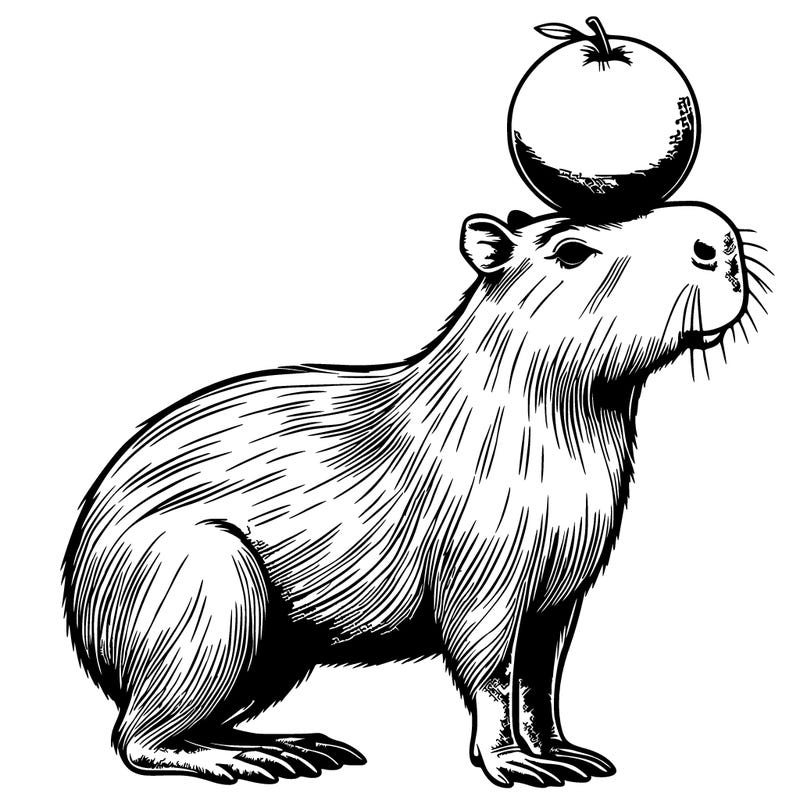 capybara that is balancing a orange on its head realistic