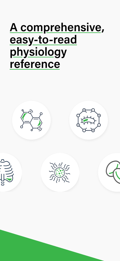 TeachMe Physiology: Human Body - Schermata introduttiva per l'app TeachMe Fisiologia con icone biologiche e testo