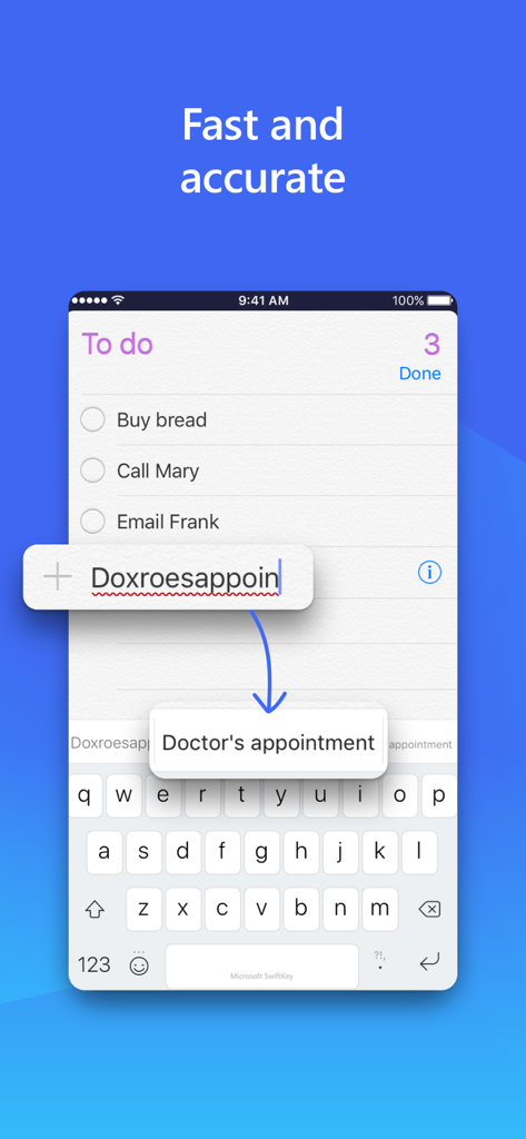 Tastiera Microsoft SwiftKey che corregge una parola errata in Appuntamento dal dottore in un elenco di cose da fare