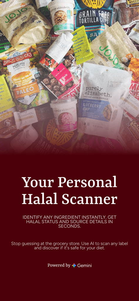 Marketing graphic for the Halal Product Scanner app showing various food items and text explaining how to use AI to scan labels for halal status
