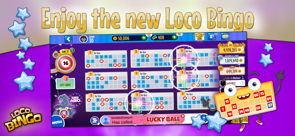 Loco Bingo & Slots Games - Gameplay screen of Loco Bingo showing multiple bingo cards and game features