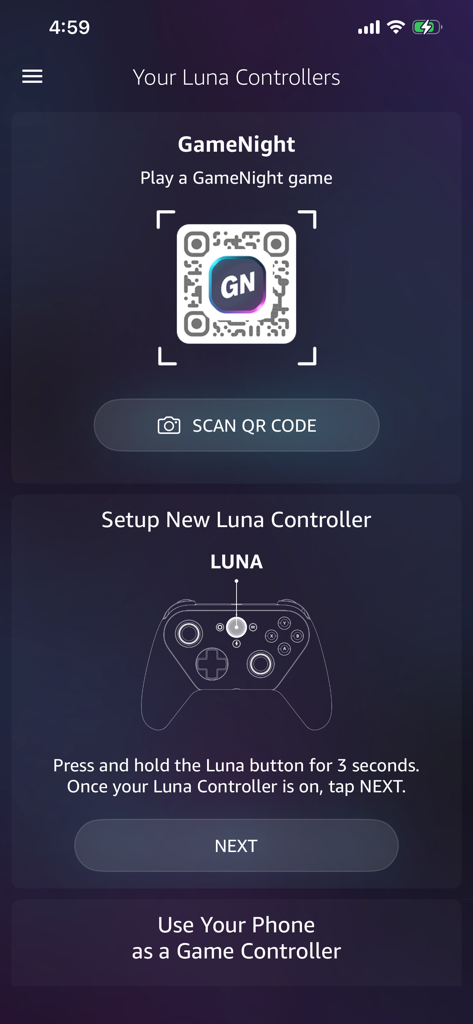 Luna Controller app interface for pairing a new controller or using a phone as a gamepad