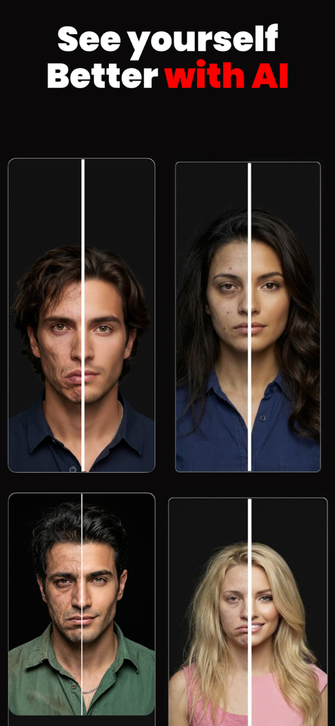 MogMax AI - LooksMax AI Rating - Four split-screen face comparisons showing before and after facial enhancements powered by AI