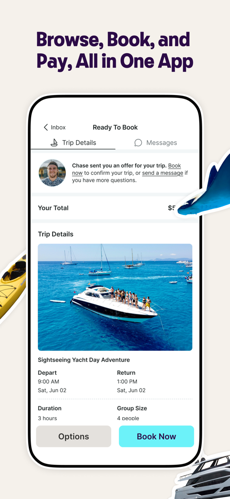 Getmyboat - Ein mobiler App-Bildschirm, der die Buchungsdetails für ein Sightseeing-Yachterlebnis auf Getmyboat zeigt