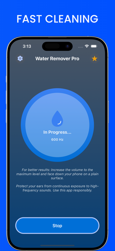 Water Remover Pro • Clean Tune - Pantalla de la aplicación Water Remover Pro mostrando un ciclo de limpieza de altavoz activo con indicador de frecuencia