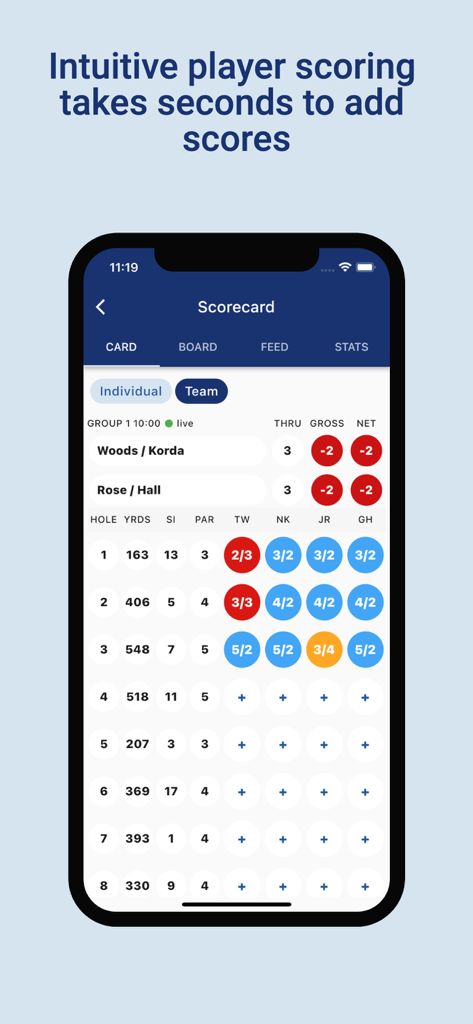 Golfify - Golf Tournament App - A digital golf scorecard on a mobile app showing player scores and hole statistics
