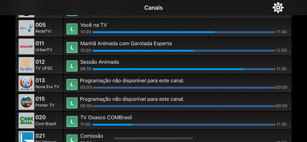 BitOn - Interfaz de la aplicación BitOn que muestra una lista de canales de televisión brasileños en vivo y sus horarios de programación