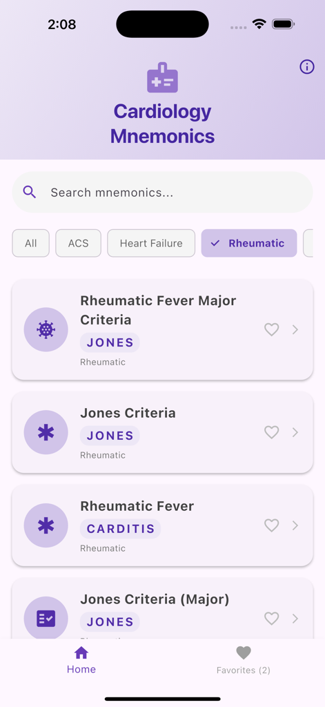 Cardiology Mnemonics - Cardiology Mnemonics app screen showing a list of rheumatic fever criteria and search options