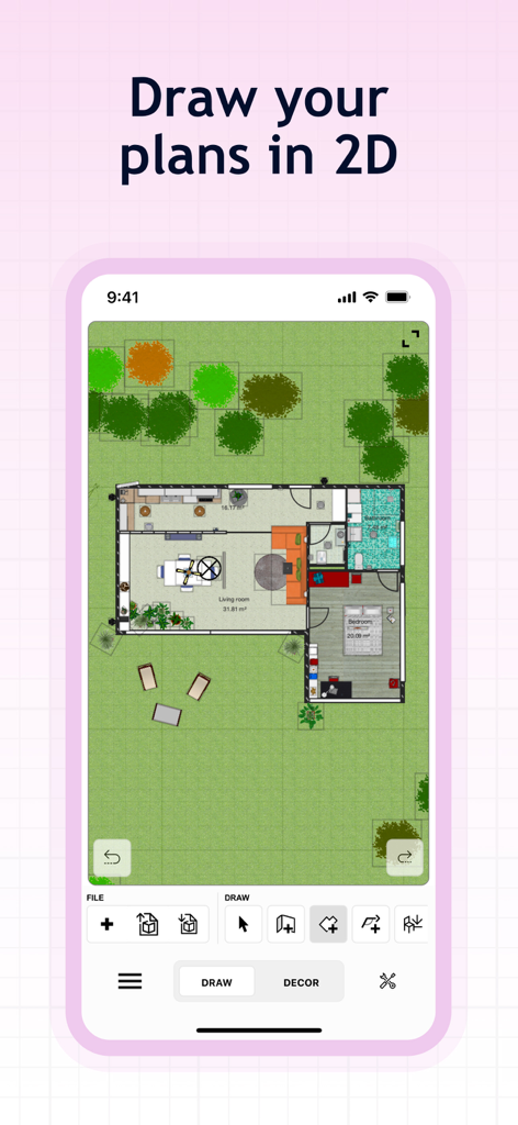 Sweet Home 3D: Plan Your House - Sweet Home 3Dアプリでの、家具と庭を含む住宅レイアウトの2D間取り図ビュー